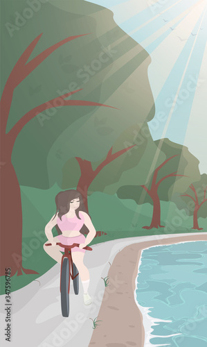A plump woman is engaged in cycling in a park near a pond. Vertical background