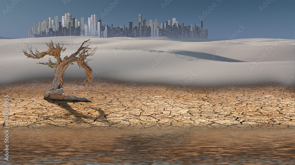 City in desert distance with water City in desert distance with water
