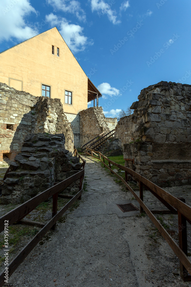 The inner court of the Eger Castle in Hungary on a sunny afternoon.