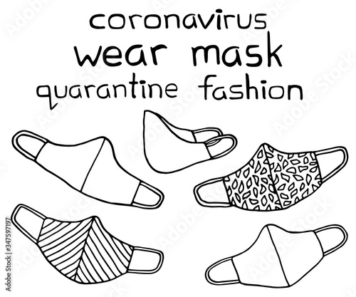 Vector set of face masks. Stylish medical and handmade masks with beautiful pattern. Mask respirators protecting from virus, bacteria, infection, covid-19. Coronavirus quarantine fashion illustration. photo