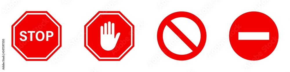 Stop red road signs. Vector isolated illustration. Red vector signs with hand symbols isolated on white background. Stop red road signs. Vector isolated illustration. Red vector signs with hand symbols isolated on white background.
