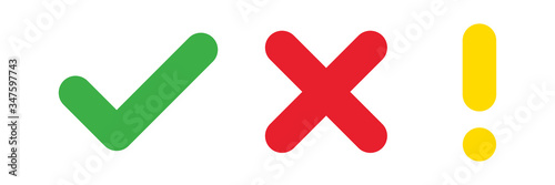 Check mark cross exclamation sign. Vector isolated elements. Check mark icon sign vector. Green red yellow vector symbols. Red check mark icon. Vote symbol tick.