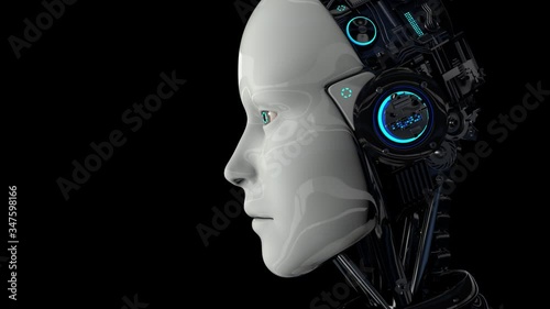 Robot android is activated, moves its head, eyes and scans the environment. Artificial intelligence. The camera moves away. 4K. 3D animation. On a black background.
