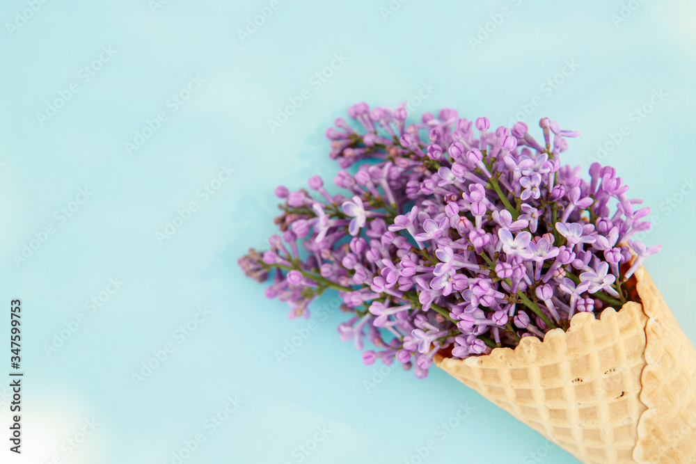 Lilac flowers in an ice cream cone on a blue background. Spring composition. Flat lay, space for text. Valentine's day, mother's day, womens day concept.