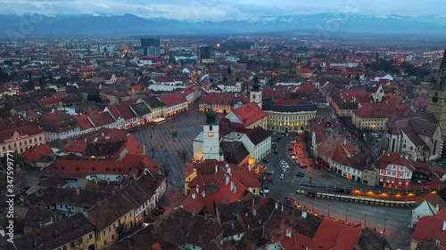 Sibiu night city footage flight, Sibiu city,  Romania photo