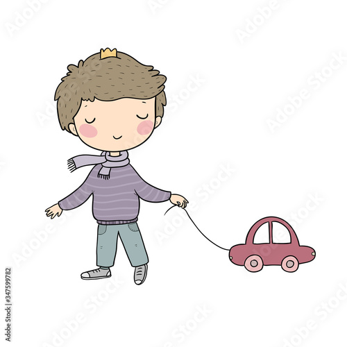 Little cute boy with a car. Kid with a toy