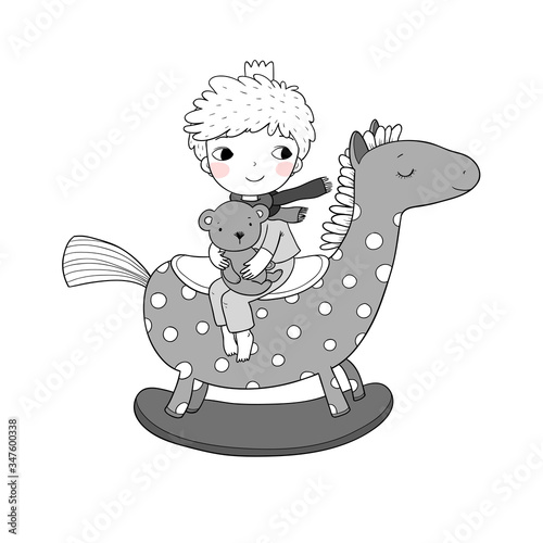 Little cute cartoon boy sitting on a rocking horse. Kid and teddy bear