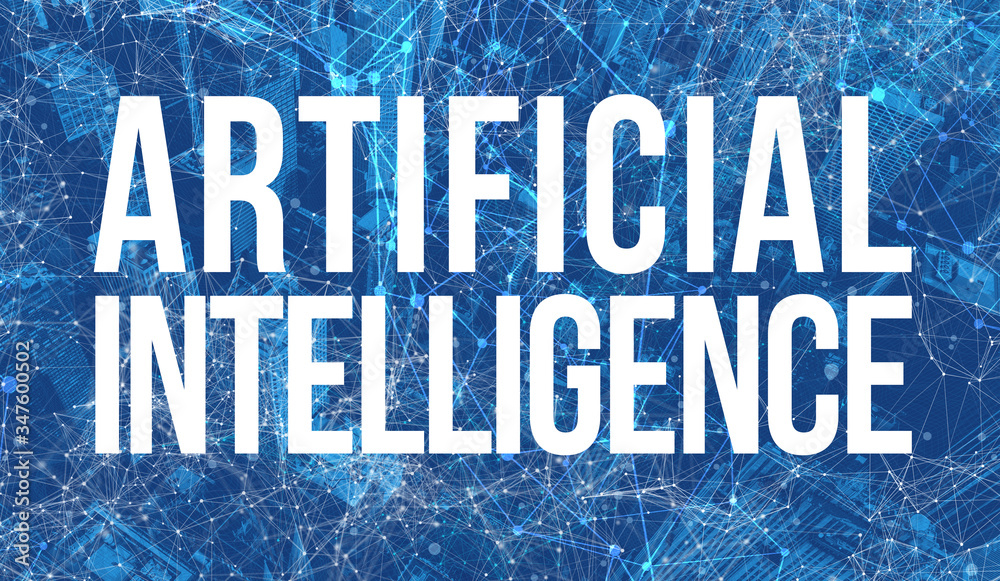 Obraz premium Artificial Intelligence theme with abstract network patterns and skyscrapers