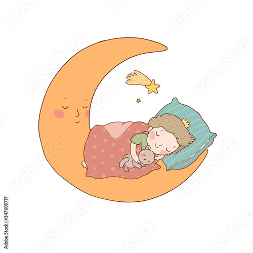 The little prince is sleeping on the moon. Cute cartoon boy in bed