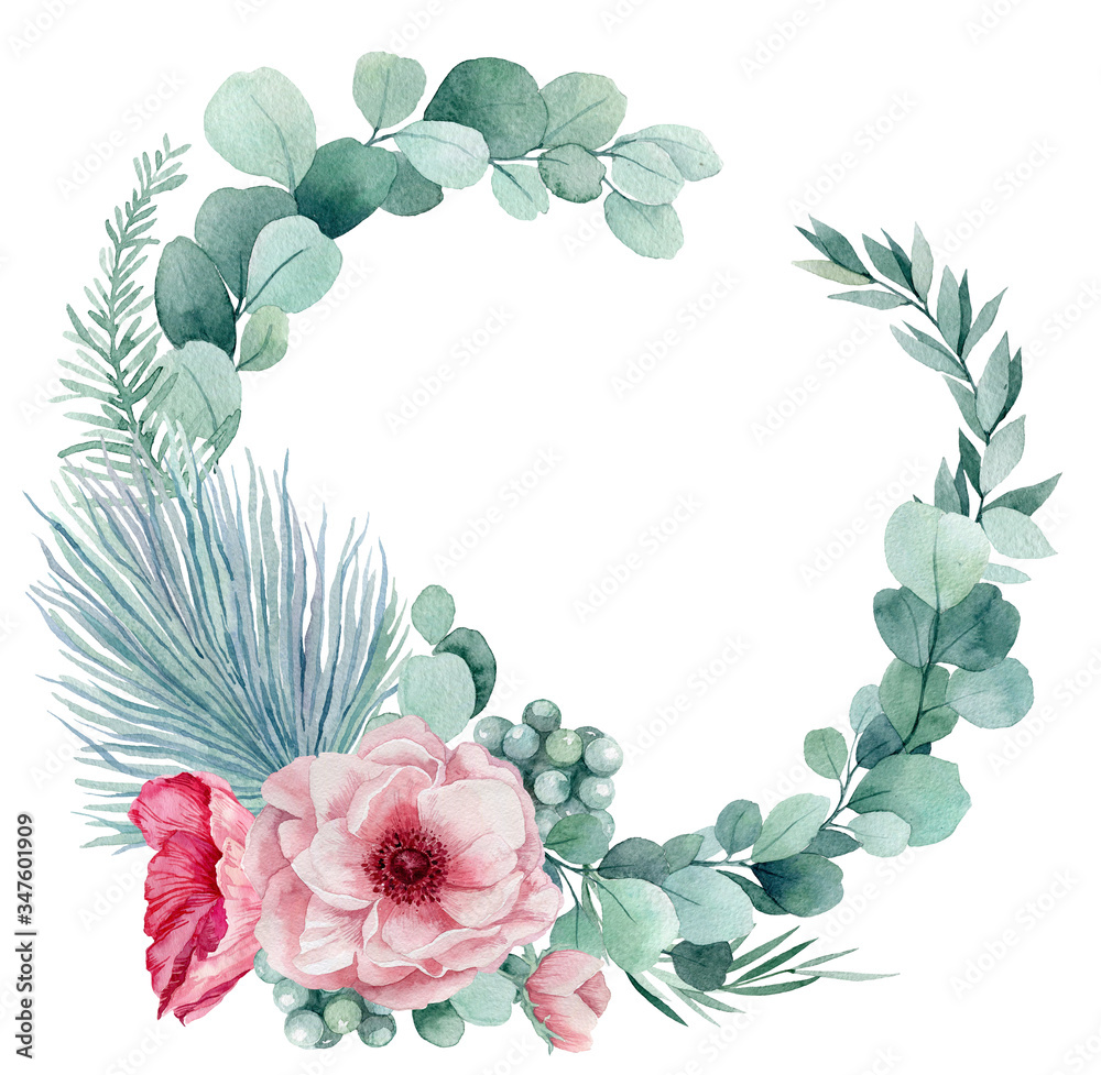 Delicate watercolor wreath with anemones, eucalyptus, palm leaves and fern. Frame for gentle wedding invitations.