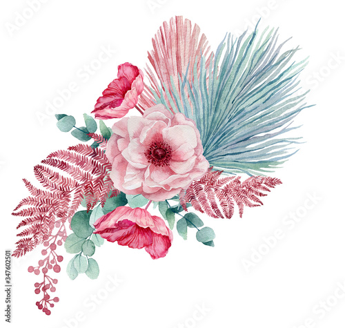 Fototapeta Naklejka Na Ścianę i Meble -  Watercolor illustration of a bouquet with anemones, palm leaves, eucalyptus, fern leaves. hand-painted picture for wedding invitations.