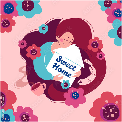 Vector illustration Sweet home.Girl holds in her hands a cozy house with the inscription, a cat, flowers, a cup of tea. Delicate print for printing,card,invitation to a housewarming party. Hugge style
