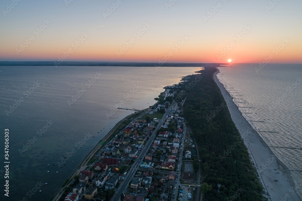 Aerial drone view of Chalupy Hel Penisula Baltic sea in Poland