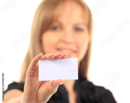 Girl in a business card - isolated over a white background