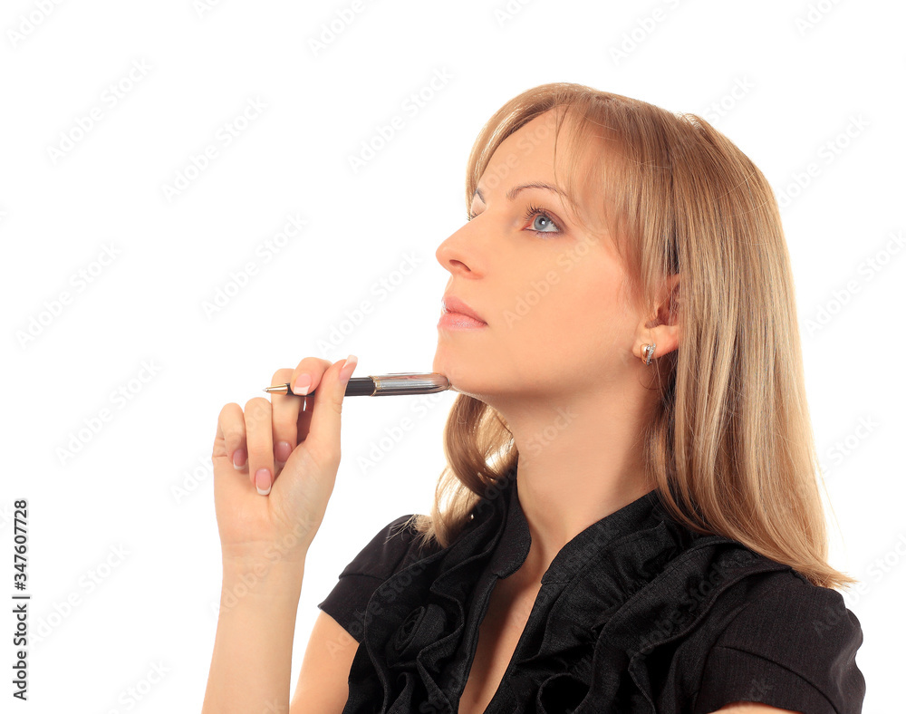 Closeup portrait of a young woman with pen isolated on white Closeup portrait of a young woman with pen isolated on white