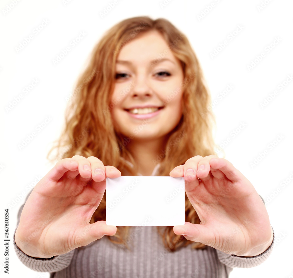 Girl in a business card - isolated over a white background Girl in a business card - isolated over a white background