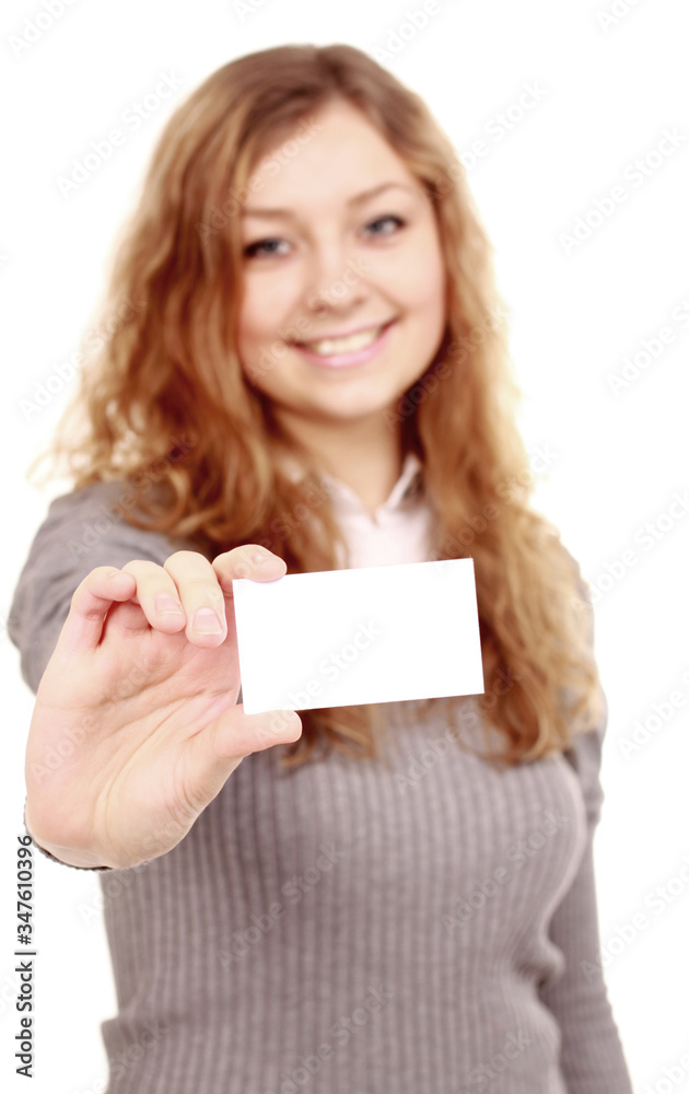 Girl in a business card - isolated over a white background Girl in a business card - isolated over a white background