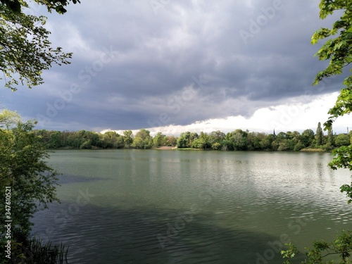 Auensee (former Luna Park) in Leipzig, small lake with plants and cloudy sky
