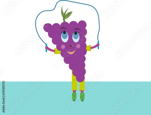 Purple grape vector is jumping rope. Grapes go in for sports.