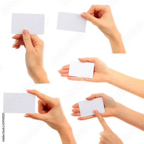 Hands hold business cards collage on white background