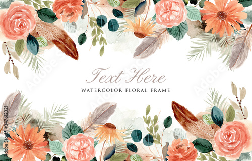 rustic floral and feather frame watercolor background