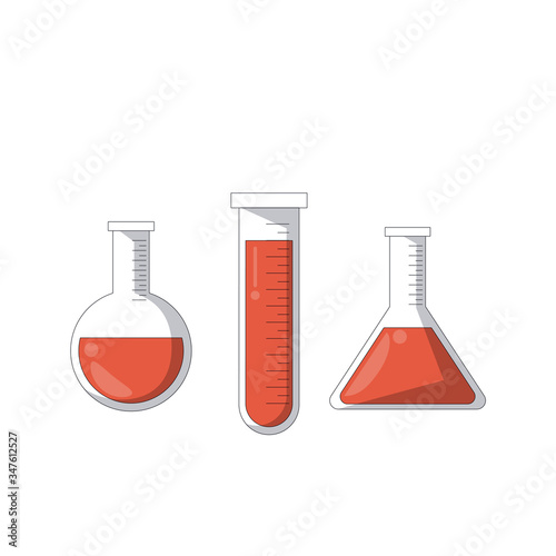 Laboratory glassware vector set on white background. test tube, beaker and flask filled red liquids. Equipment for chemical test collection