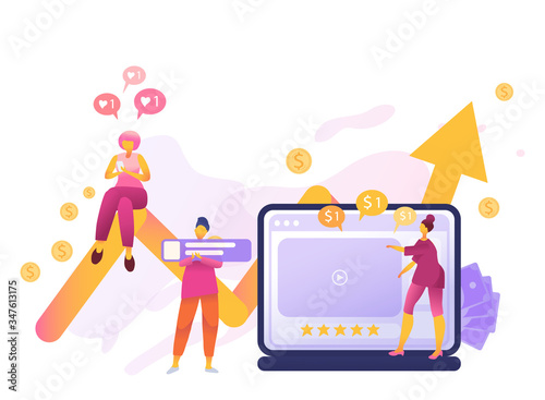 Cartoon icon with SMM, social media network influencer marketing with characters.