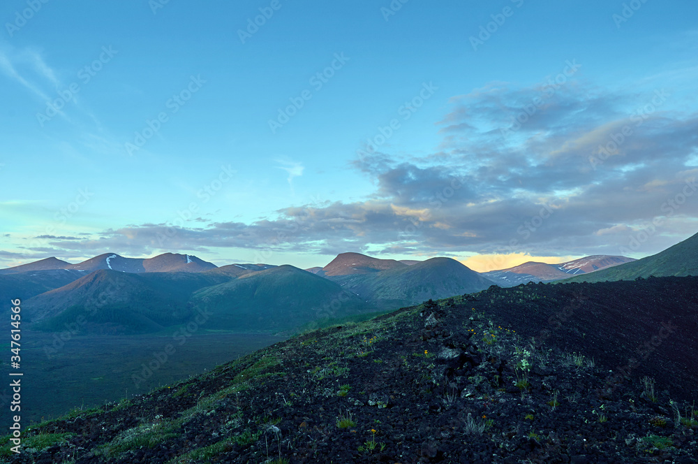 Naklejka premium Volcanic valley. Crater of an extinct volcano.