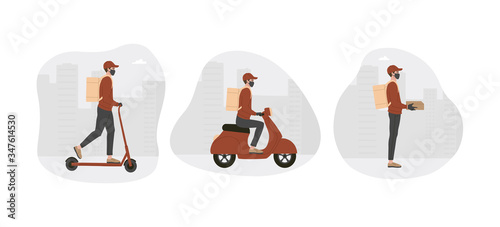 Concept of online delivery, in quarantine time, set of a courier in a respiratory mask with a box and rides an electric scooter and moped in the city. Vector illustration, white isolated background. 