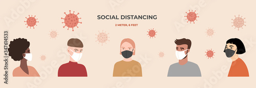 Young women and men in medical respiratory mask maintain a social distance in public places, 2 meter or 6 feet from each other. Coronavirus, quarantine time. Vector illustration in a flat style. 