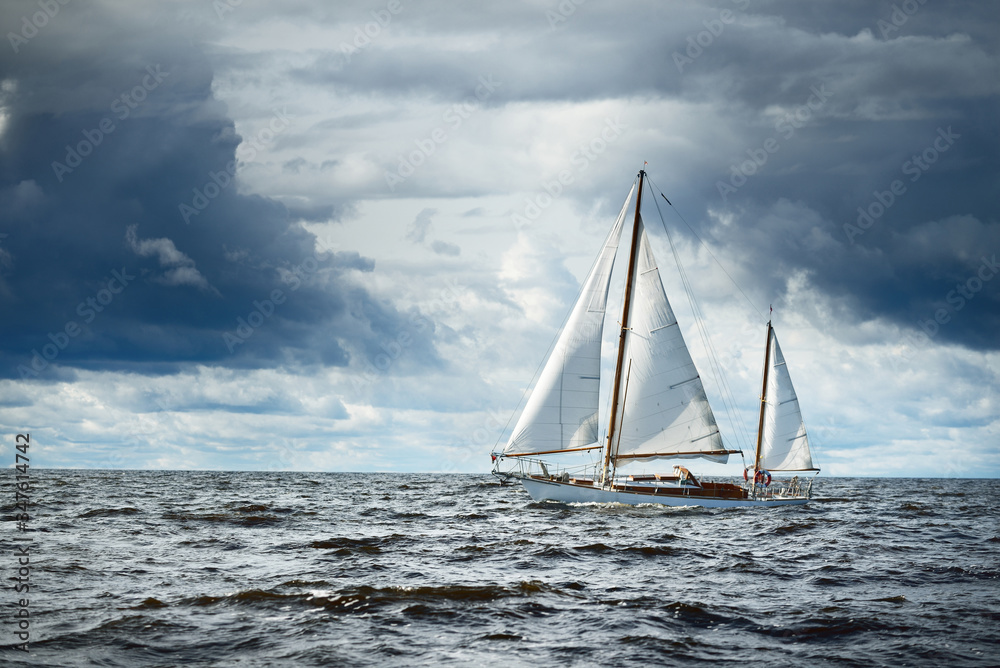 Photo Art Print Old expensive vintage wooden sailboat yawl close up sailing in an open sea Alex Stemmer