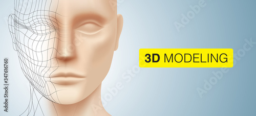 3D modeling vector background. The face of a white young man with polygonal lines, isolated on a silver colored background. Model sculpting and rendering concept illustration.