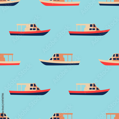 Boat seamless pattern on blue water background. Marine design in flat cartoon style. Vector