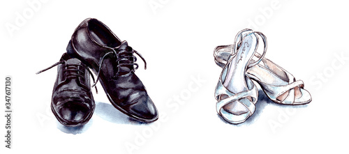 hand-drawn watercolor illustration. shoes - women's white summer shoes and black men's shoes. shoes for the holiday