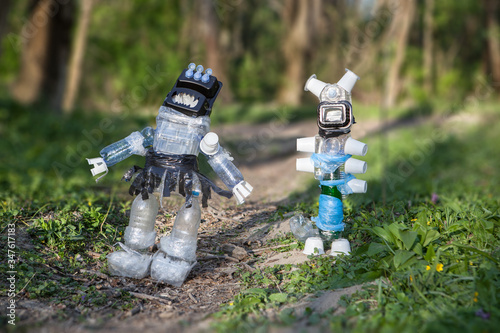 Monsters made of plastic waste in the forest