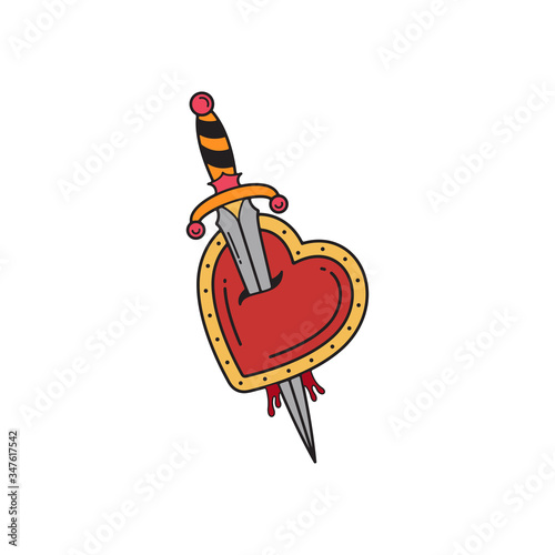 Old school tattoo emblem label with dagger and heart symbols. Traditional tattooing style ink.