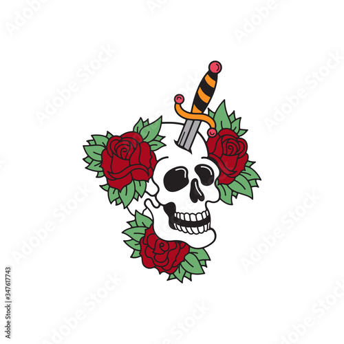 Old school tattoo emblem label with skull dagger rose symbols. Traditional tattooing style ink.