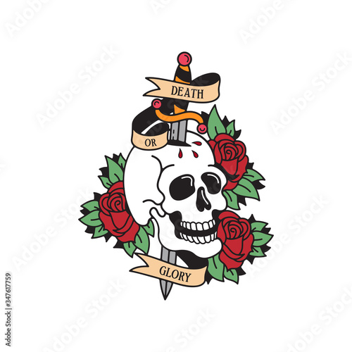 Old school tattoo emblem label with skull dagger rose symbols and wording death or glory. Traditional tattooing style ink.