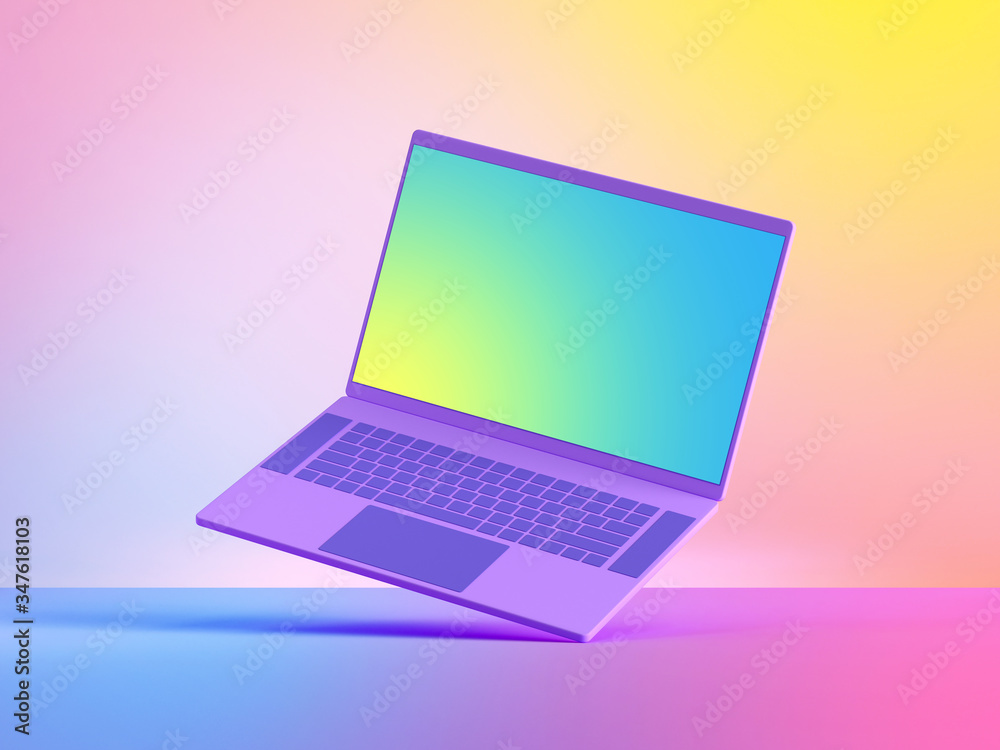 3d render laptop computer mockup with blank screen, electronic mobile  device isolated on colorful pastel background, illuminated with soft neon  light. Modern technology concept. Digital illustration Stock-Illustration |  Adobe Stock