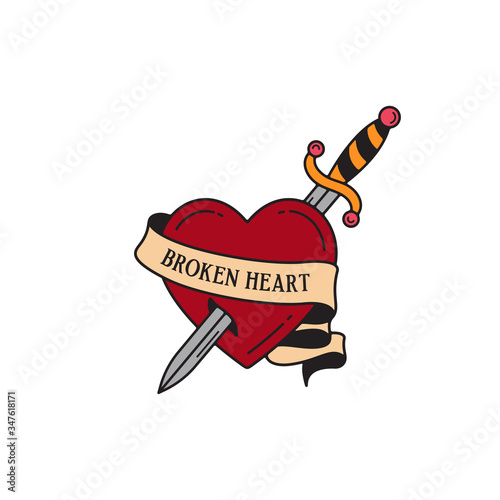 Old school tattoo emblem label with dagger heart symbols and wording broken heart. Traditional tattooing style ink.
