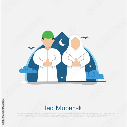 Forgiving celebrate On Eid Al Fitr Day, Muslim Celebration Day Vector Illustration, Silaturahmi or Silaturahim Simple Design, Hari Raya Idul Fitri or Aidilfitri, sungkem, vector illust photo