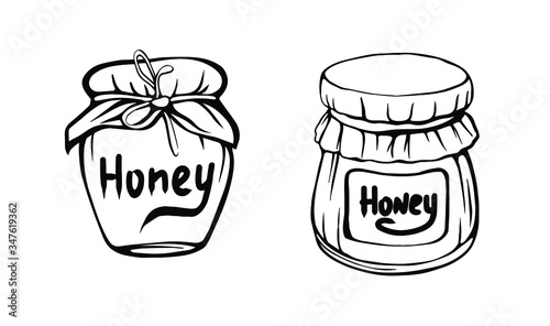Jars of honey isolated on a white background. Bee honey. Strengthening the immune system. Hand drawn vector illustration in Doodle style