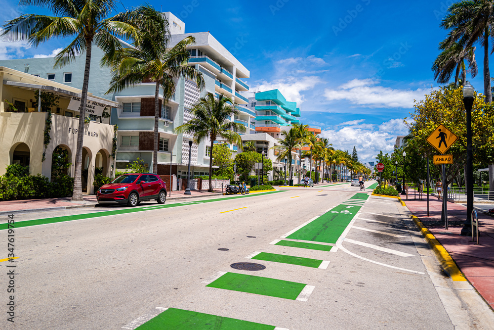 Miami, Ocean Drive. Urban city street in the south of Florida, USA. South Beach. US city mood. Bicycle path in a big city. Real Estate in Miami. Investment and property.