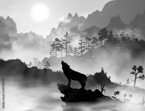 Silhouette of the wolf howling at the moon at night in front of the mountains inside the mist clouds. Hight detailed realistic black and white vector illustration.