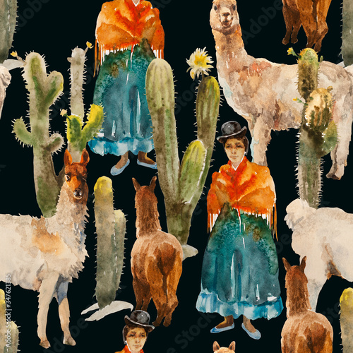 Seamless watercolor pattern with cute alpacas, lamas, girl in traditional colthes and cactuses on dark background photo