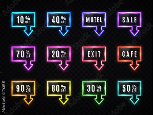 Neon rectangle arrow sale banner set on dark transparent background. Glowing square light frame design with text. Color retro discount night sign Led tube technology pointer Bright vector illustration
