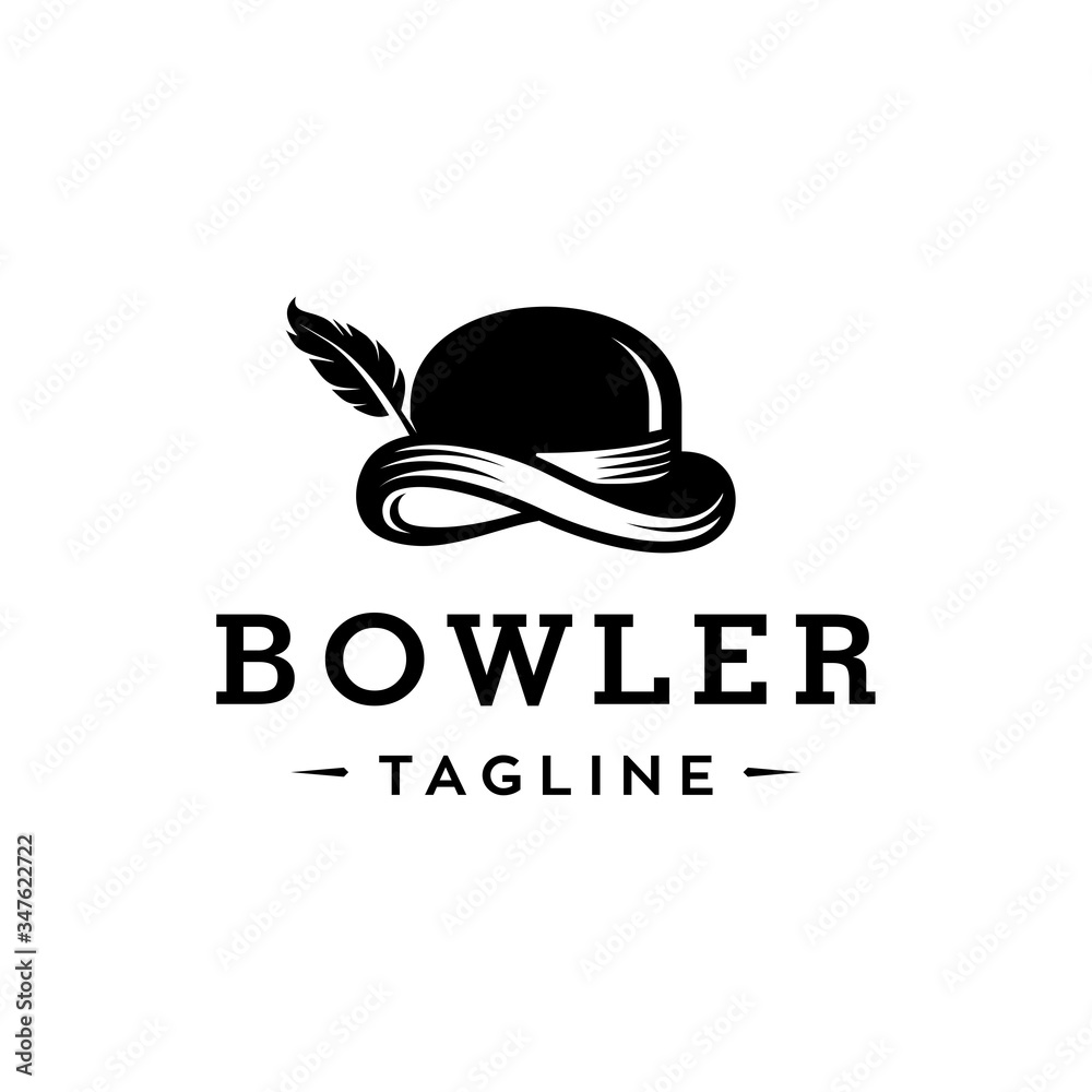 bowler hat and feather vector logo, classic black fashion icon in realistic style 