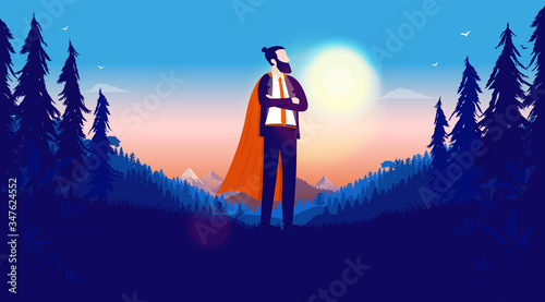 Superhero businessman - Corporate hipster man in red cape standing in nature landscape with sunrise in background. Business hero, invincible and courage concept. Vector illustration.