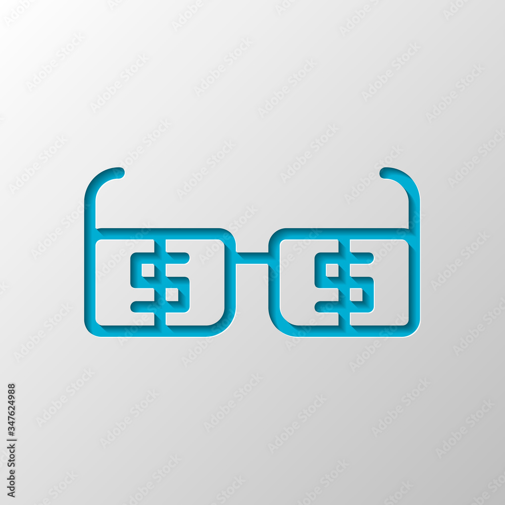 Money glasses with dollas sign. Finance icon. Paper design. Cutted symbol with shadow Money glasses with dollas sign. Finance icon. Paper design. Cutted symbol with shadow