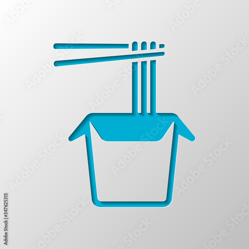 Noodle in box, asian food takeaway, wok icon. Paper design. Cutted symbol with shadow